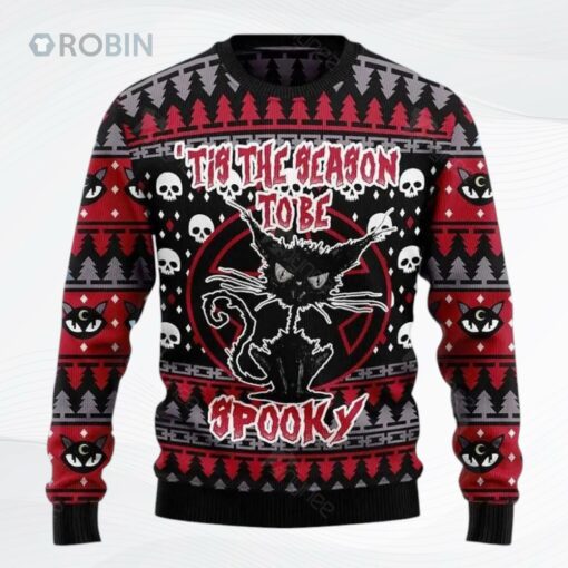Black Cat Spooky Halloween Ugly Christmas Sweater, Sweatshirt