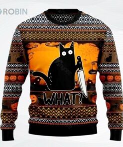 Black Cat What Chimney Occasion Christmas All Over Printed Ugly Christmas Sweater, Sweatshirt
