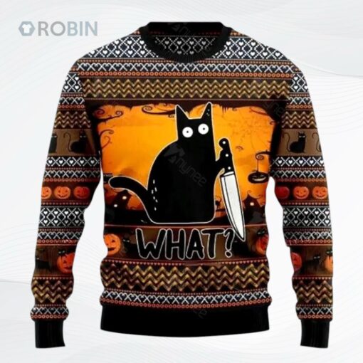 Black Cat What Chimney Occasion Christmas All Over Printed Ugly Christmas Sweater, Sweatshirt