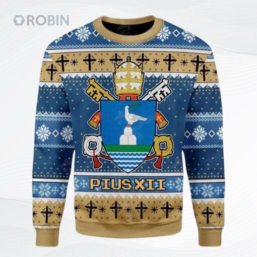 Blue Brown Christmas Pius Xll Coat Of Arms Gearhomiesugly Christmas Sweater
