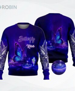 Butterfly Kisses Magic Blue All Over Printed Ugly Christmas Sweater, Sweatshirt