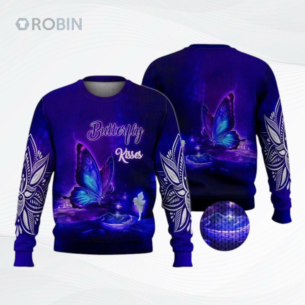 Butterfly Kisses Magic Blue All Over Printed Ugly Christmas Sweater, Sweatshirt Butterfly Kisses Magic Blue All Over Printed Ugly Christmas Sweater, Sweatshirt