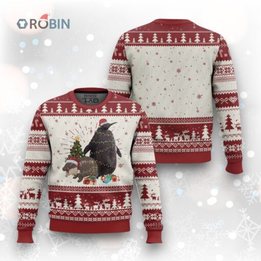 Christmas Pesto and Moo Deng Friendship Ugly Christmas Sweater King Penguin Baby Hippo Viral Meme