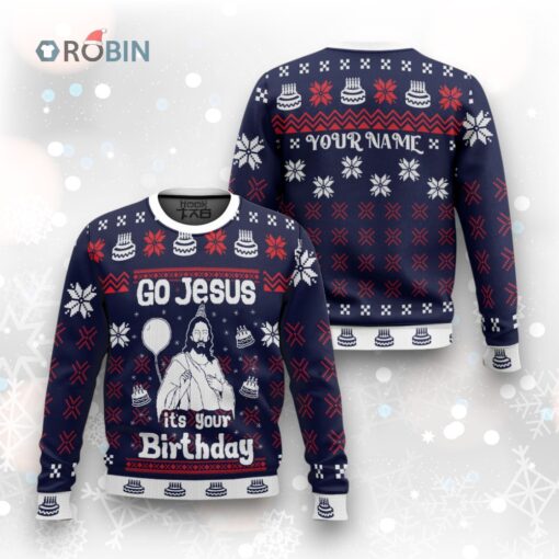 Custom Funny Christmas Holiday Happy Jesus Birthday Navy Ugly Christmas Sweater