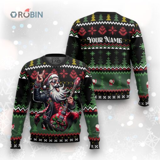Custom Funny Christmas Holiday Rocker Guitar Santa Ugly Christmas Sweater