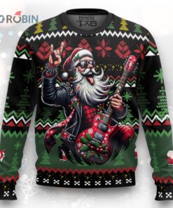 Custom Funny Christmas Holiday Rocker Guitar Santa Ugly Christmas Sweater