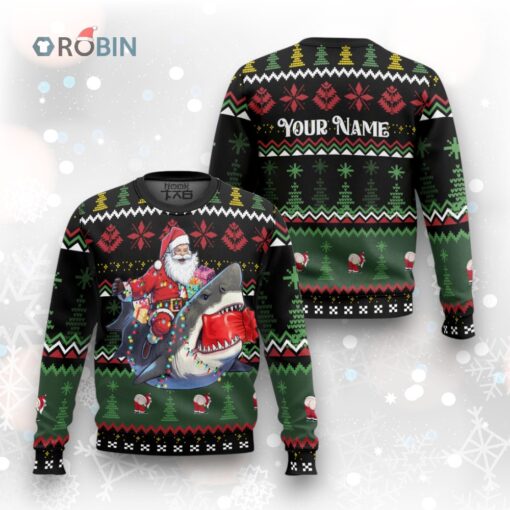 Custom Funny Christmas Holiday Shark Riding Santa Ugly Christmas Sweater