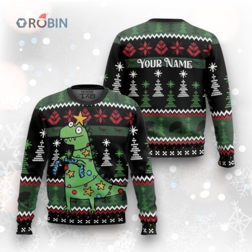 Custom Funny Christmas Holiday Silly Face Dinosaur T Rex Ugly Christmas Sweater