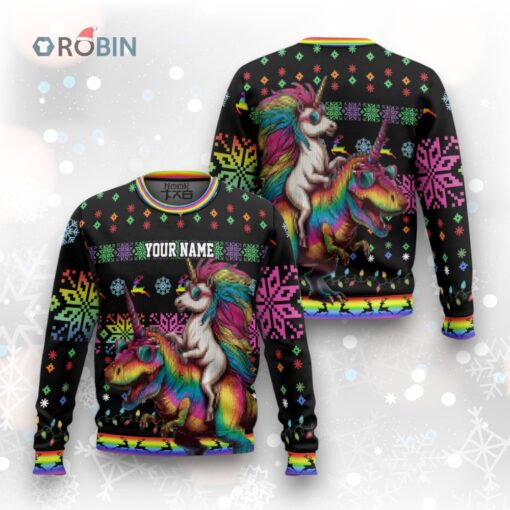 Custom Funny Christmas Holiday Unicorn Riding T Rex Ugly Christmas Sweater