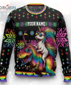 Custom Funny Christmas Holiday Unicorn Riding T Rex Ugly Christmas Sweater