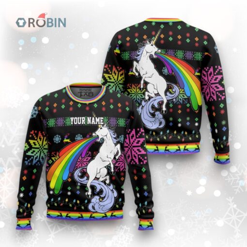 Custom Funny Christmas Holiday Unicorn Throw Up Rainbow Ugly Christmas Sweater