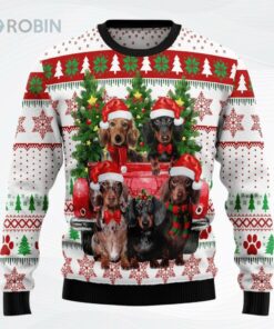 Dachshund Red Truck Ugly Christmas Sweater, Sweatshirt