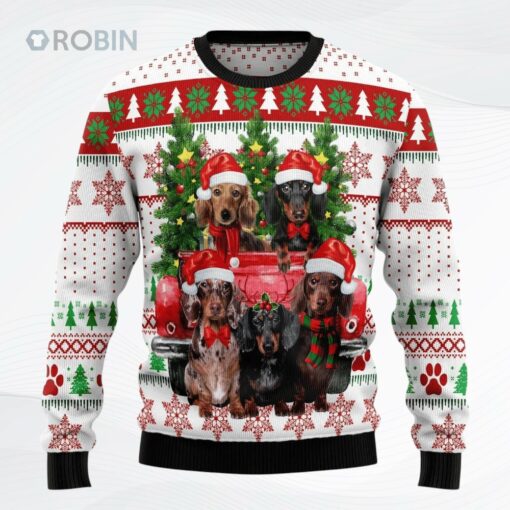 Dachshund Red Truck Ugly Christmas Sweater, Sweatshirt