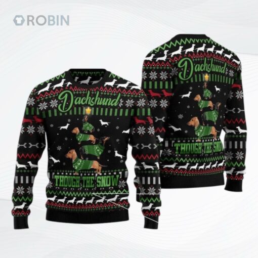 Dachshund Though The Snow All Over Printed Ugly Christmas Sweater
