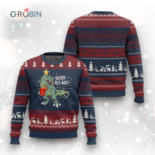 Dinosaur Ugly Christmas Sweater Merry Rex Mas Xmas Pet Dino Trex Xmas Tree Rex Lights