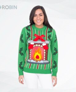 Fireplace Led Light Up Green Ugly Christmas Sweater, Sweatshirt