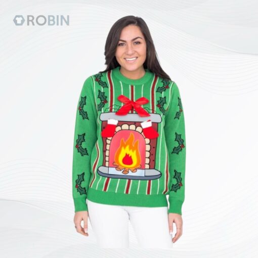 Fireplace Led Light Up Green Ugly Christmas Sweater, Sweatshirt