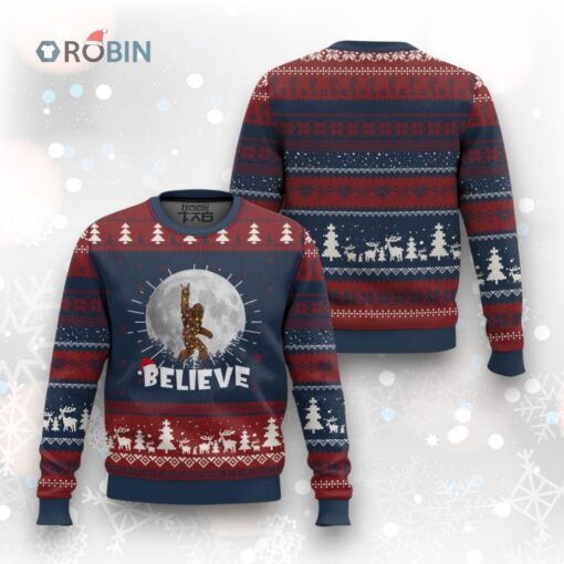 Funny Bigfoot Ugly Christmas Sweater Cool Full Moon & Trees Sasquatch Xmas Lights