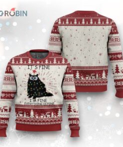 Funny Christmas Cat Ugly Christmas Sweater It’s Fine I’m Fine Everything Is Fine Meowy Catmas Xmas