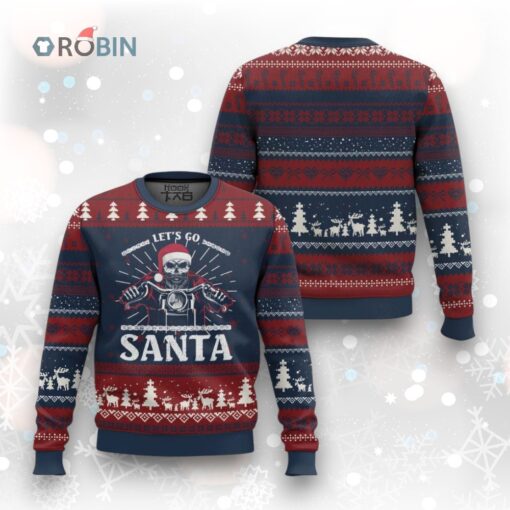 Funny Christmas Motorcycle Santa Ugly Christmas Sweater Let’s Go Santa Skull Motorbike Rider