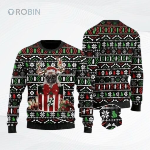 Funny Pug In The Gift Box Ugly Christmas Sweater, Sweatshirt