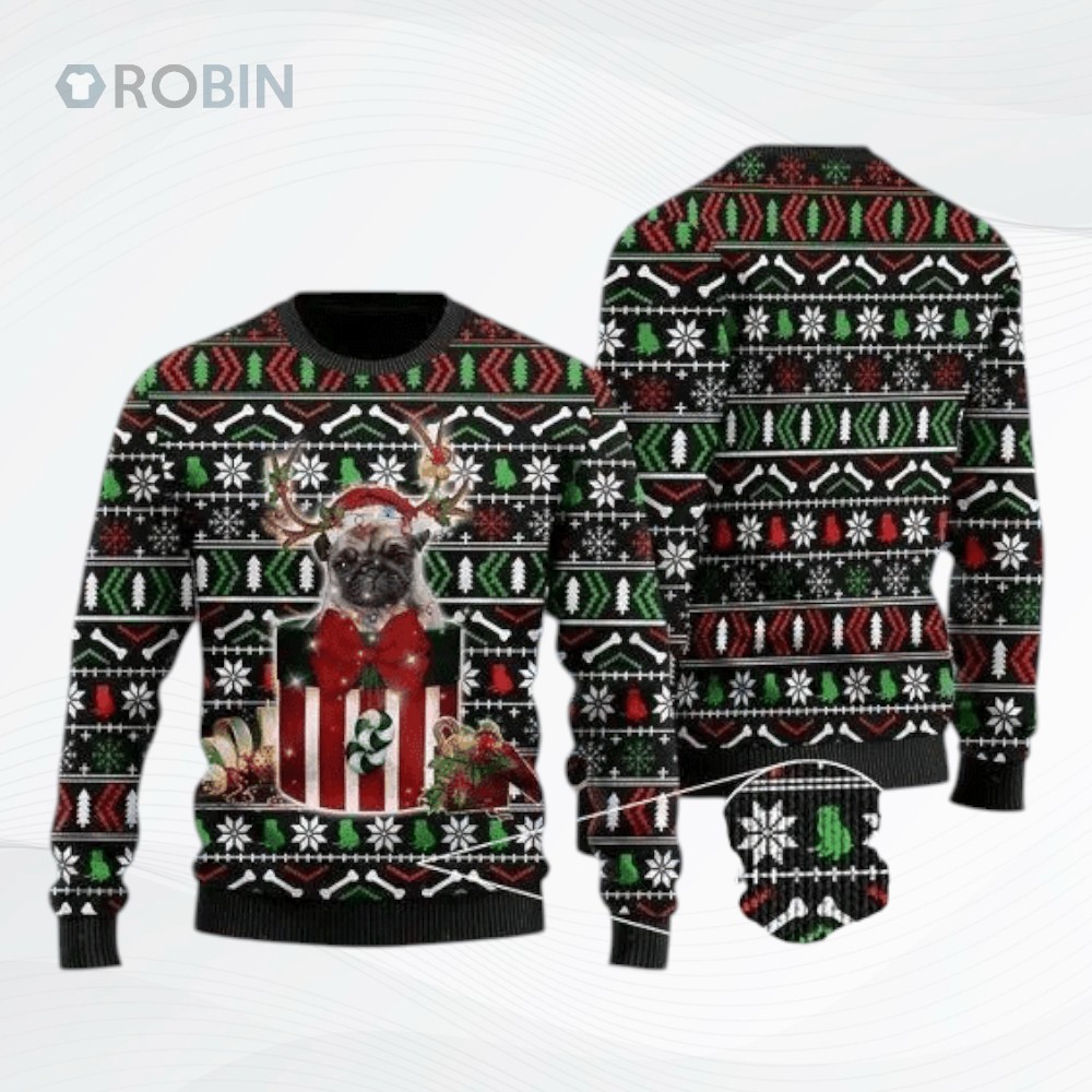 Funny Pug In The Gift Box Ugly Christmas Sweater, Sweatshirt Funny Pug In The Gift Box Ugly Christmas Sweater, Sweatshirt