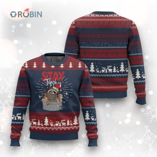 Funny Raccoon Xmas Ugly Christmas Sweater Stay Trashy Garbage Trashin Santa Hat