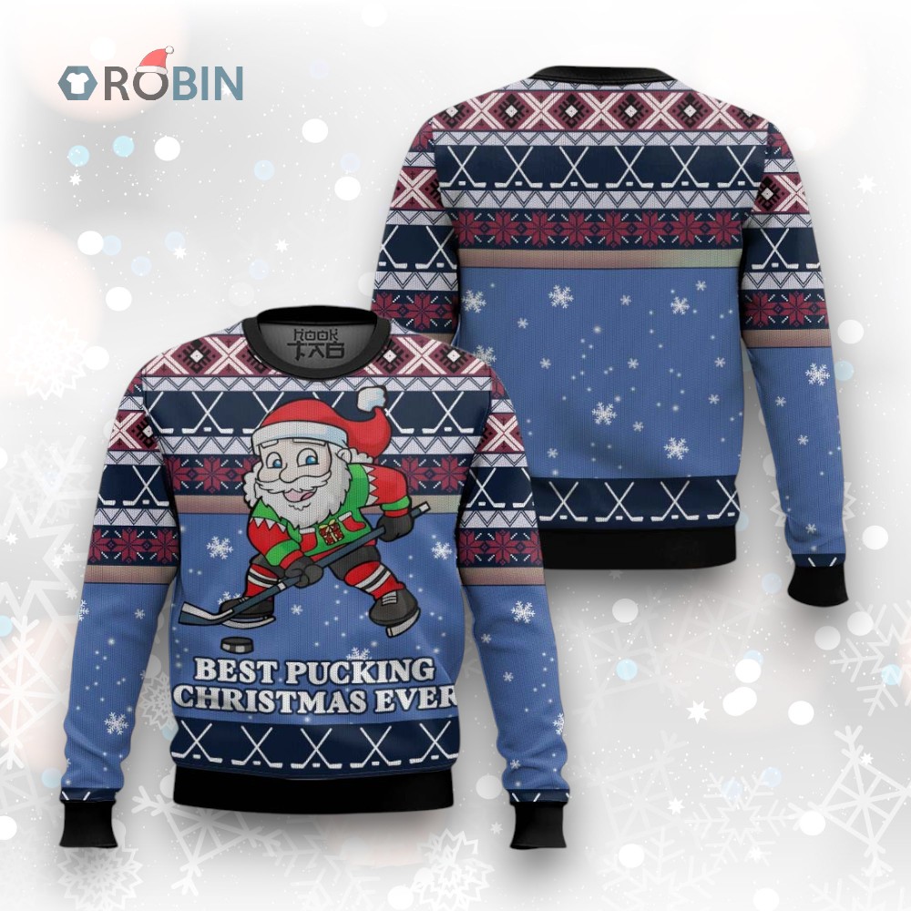 Funny Santa Playing Hockey Ugly Christmas Sweater Funny Santa Playing Hockey Ugly Christmas Sweater
