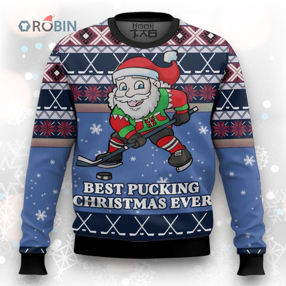 Funny Santa Playing Hockey Ugly Christmas Sweater Funny Santa Playing Hockey Ugly Christmas Sweater
