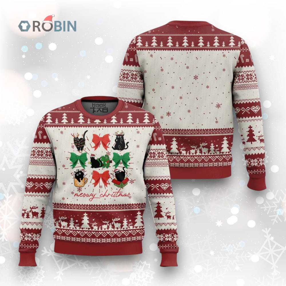 Funny Xmas Black Cat Ugly Christmas Sweater Meowy Christmas Cute Cats Coquette Bow Funny Xmas Black Cat Ugly Christmas Sweater Meowy Christmas Cute Cats Coquette Bow