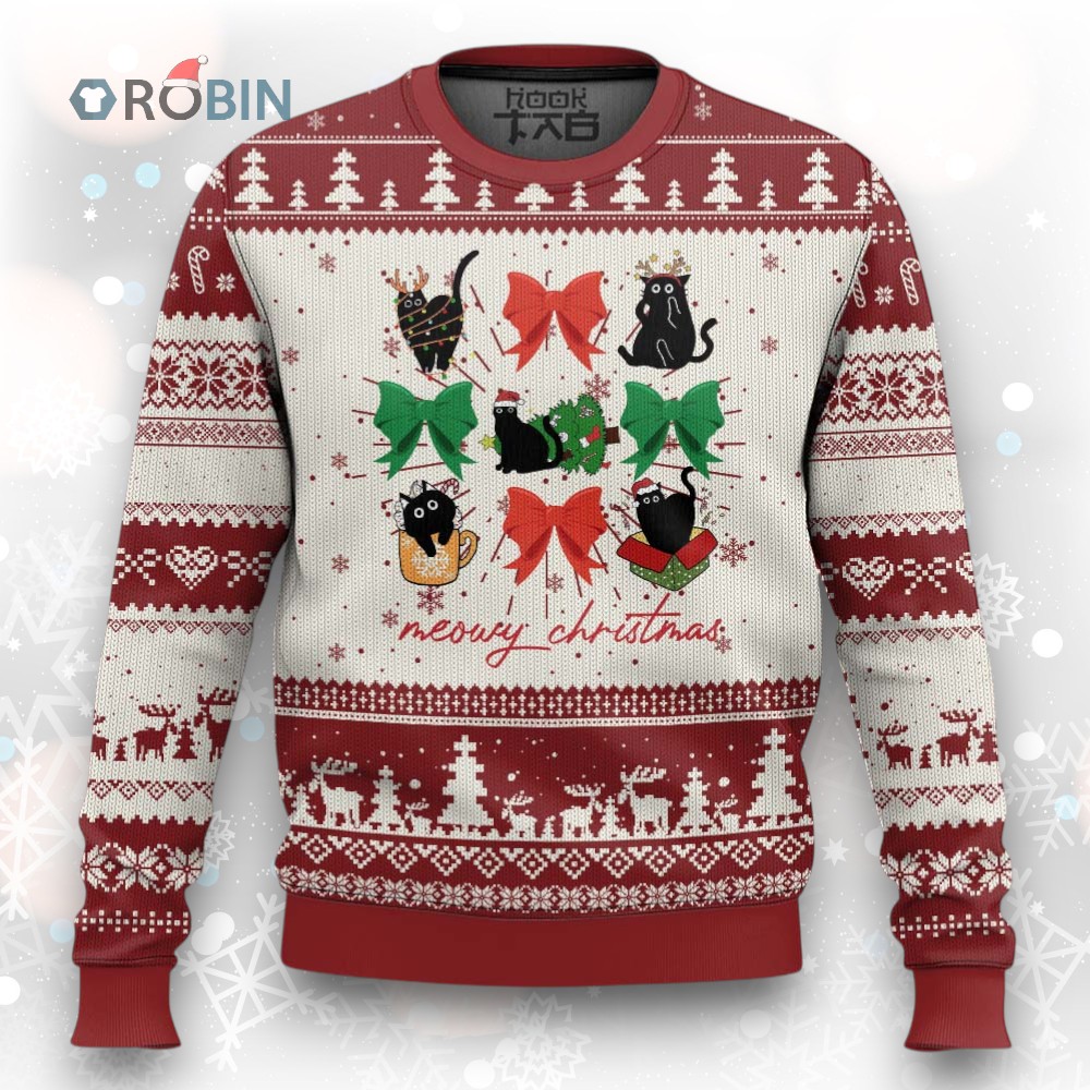 Funny Xmas Black Cat Ugly Christmas Sweater Meowy Christmas Cute Cats Coquette Bow Funny Xmas Black Cat Ugly Christmas Sweater Meowy Christmas Cute Cats Coquette Bow