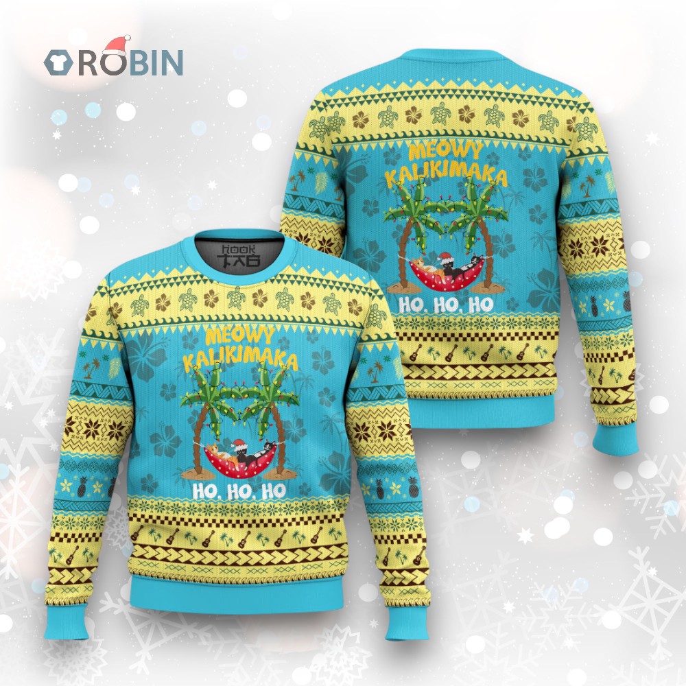 Funny Xmas In Hawaii Ugly Christmas Sweater Meowy Kalikimaka Cat Chillin' Ho Ho Ho Xmas Palm Tree Funny Xmas In Hawaii Ugly Christmas Sweater Meowy Kalikimaka Cat Chillin' Ho Ho Ho Xmas Palm Tree
