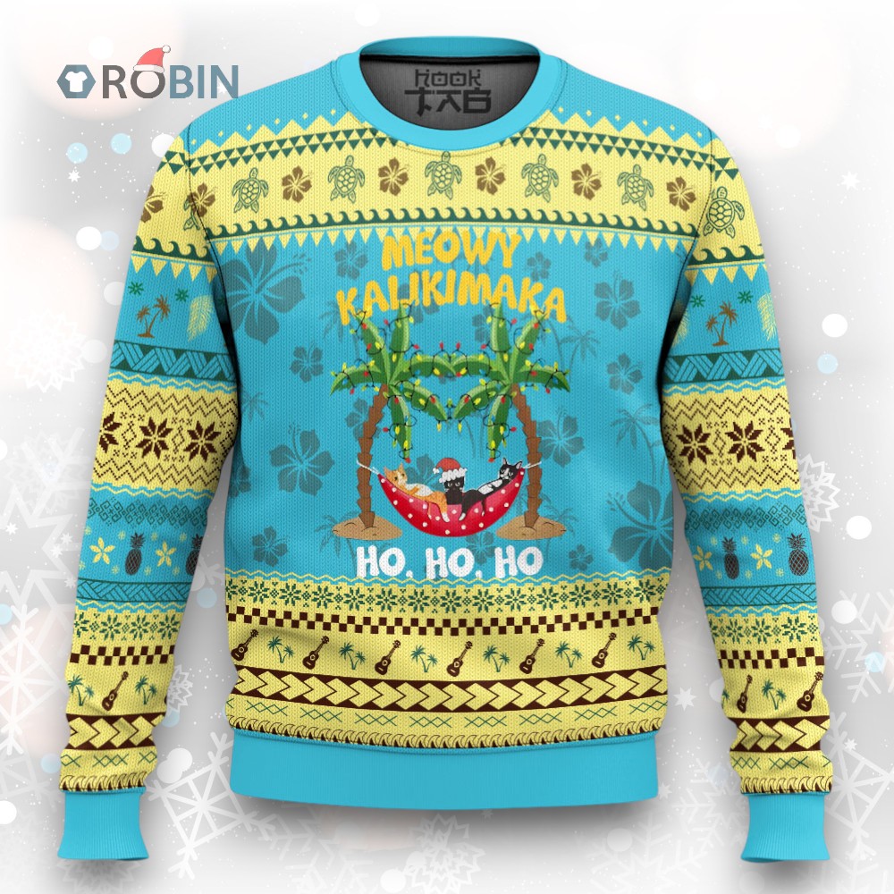 Funny Xmas In Hawaii Ugly Christmas Sweater Meowy Kalikimaka Cat Chillin’ Ho Ho Ho Xmas Palm Tree Funny Xmas In Hawaii Ugly Christmas Sweater Meowy Kalikimaka Cat Chillin’ Ho Ho Ho Xmas Palm Tree