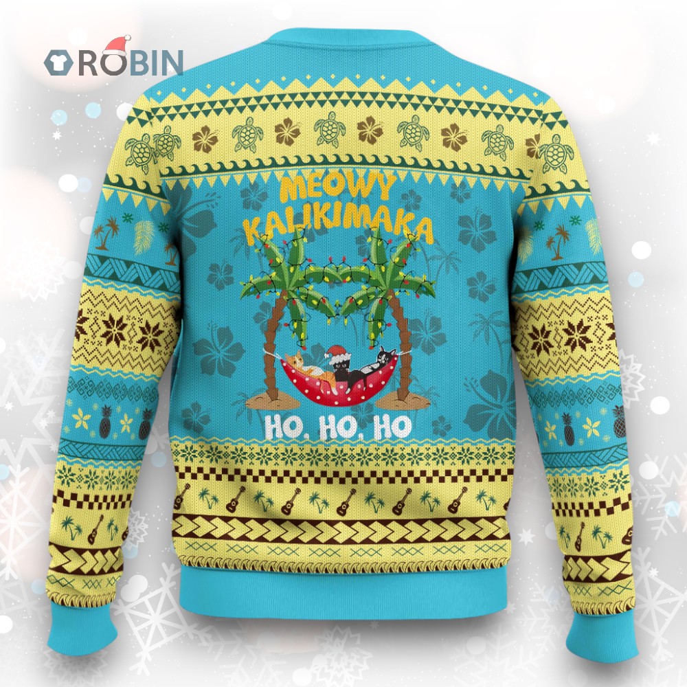 Funny Xmas In Hawaii Ugly Christmas Sweater Meowy Kalikimaka Cat Chillin’ Ho Ho Ho Xmas Palm Tree Funny Xmas In Hawaii Ugly Christmas Sweater Meowy Kalikimaka Cat Chillin’ Ho Ho Ho Xmas Palm Tree