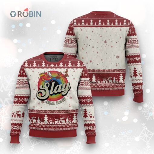 Funny Xmas LGBT Ugly Christmas Sweater Slay All Day Sleigh Rainbow