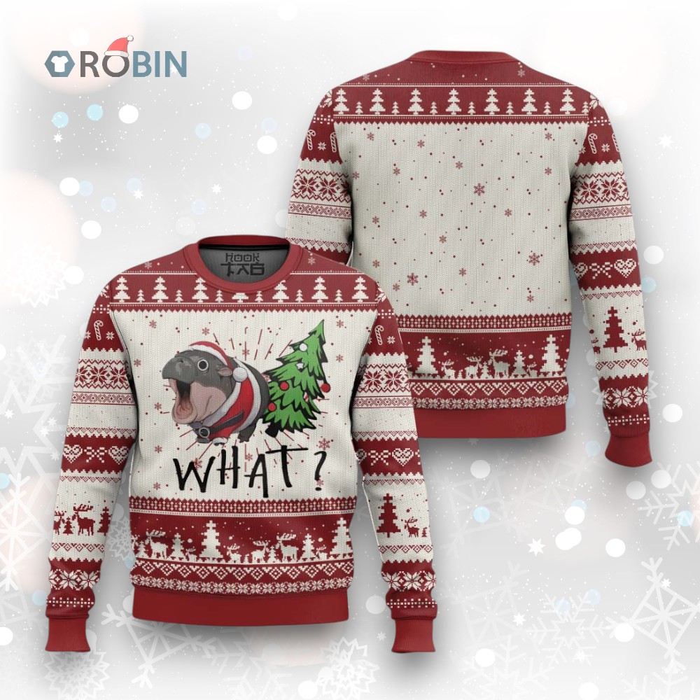 Funny Xmas Moo Deng Ugly Christmas Sweater What Baby Hippo Pushing Christmas Tree Funny Xmas Moo Deng Ugly Christmas Sweater What Baby Hippo Pushing Christmas Tree
