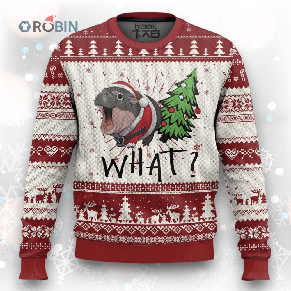 Funny Xmas Moo Deng Ugly Christmas Sweater What Baby Hippo Pushing Christmas Tree Funny Xmas Moo Deng Ugly Christmas Sweater What Baby Hippo Pushing Christmas Tree