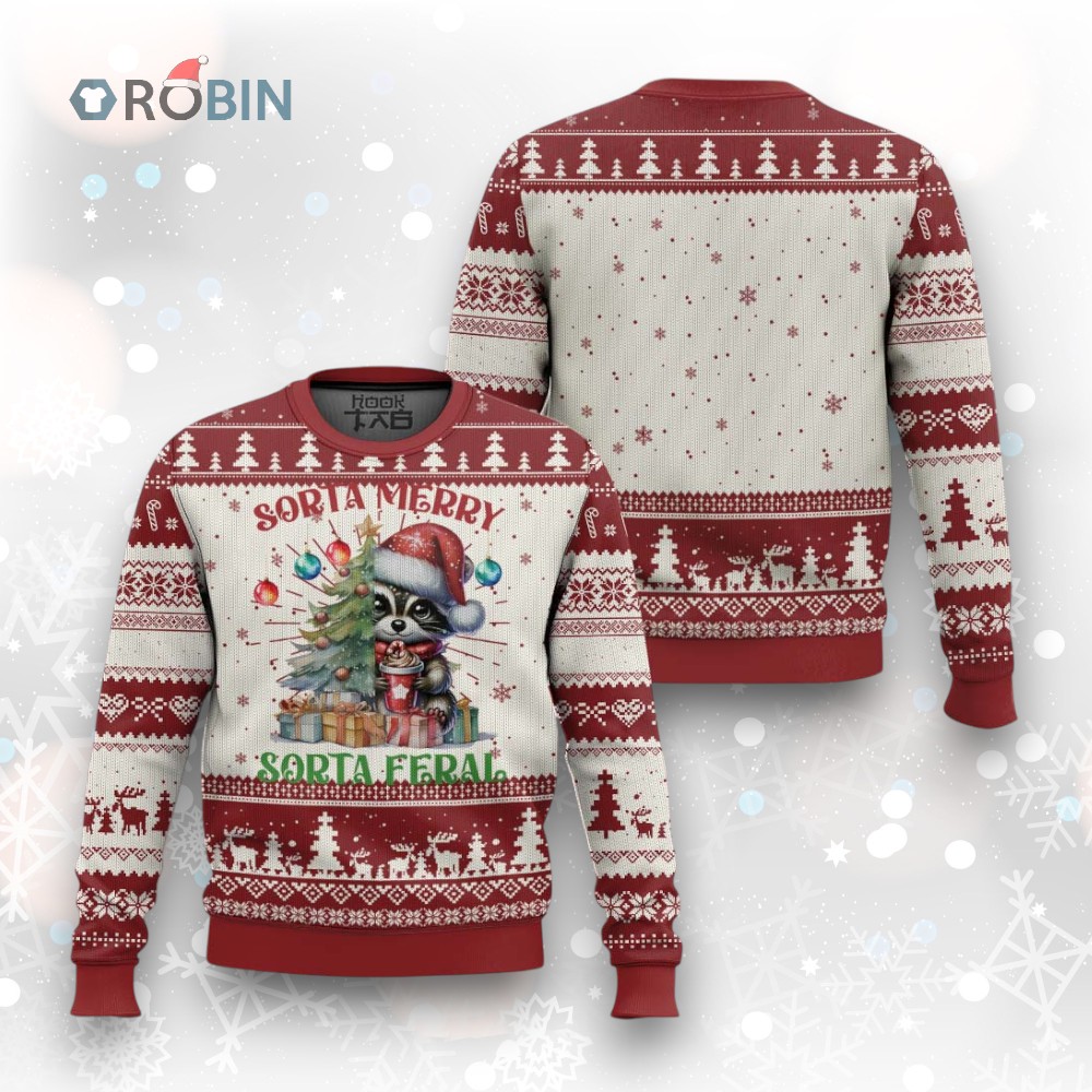 Funny Xmas Raccoon Ugly Christmas Sweater Sorta Merry Sorta Feral Merry Trashmas Funny Xmas Raccoon Ugly Christmas Sweater Sorta Merry Sorta Feral Merry Trashmas
