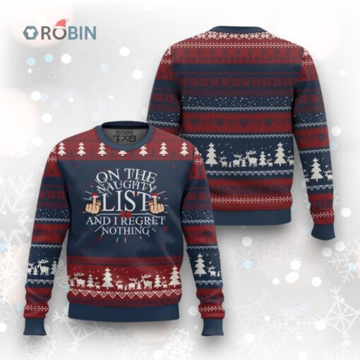 Funny Xmas Ugly Christmas Sweater On The List Of Naughty And I Regret Nothing Middle Finger