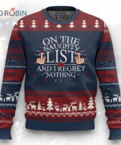 Funny Xmas Ugly Christmas Sweater On The List Of Naughty And I Regret Nothing Middle Finger