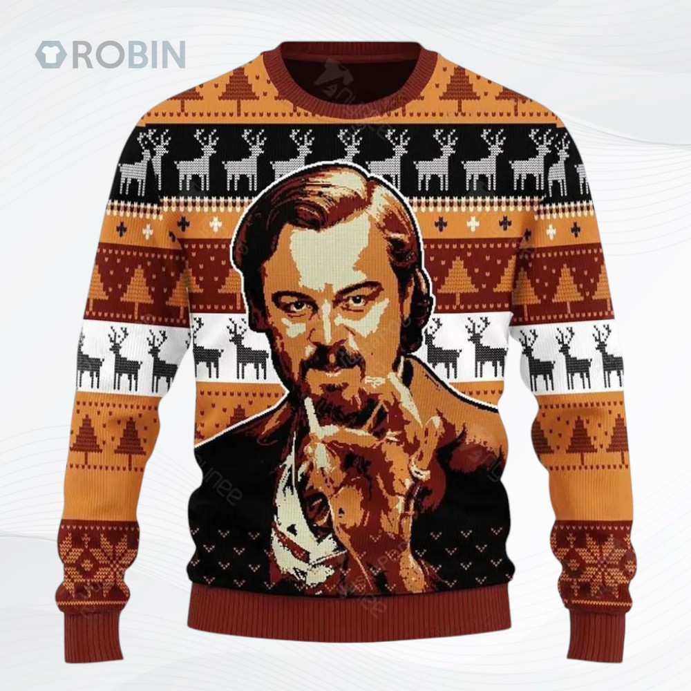 Gearhomies Leo Pointing All Over Printed Ugly Christmas Sweater Gearhomies Leo Pointing All Over Printed Ugly Christmas Sweater