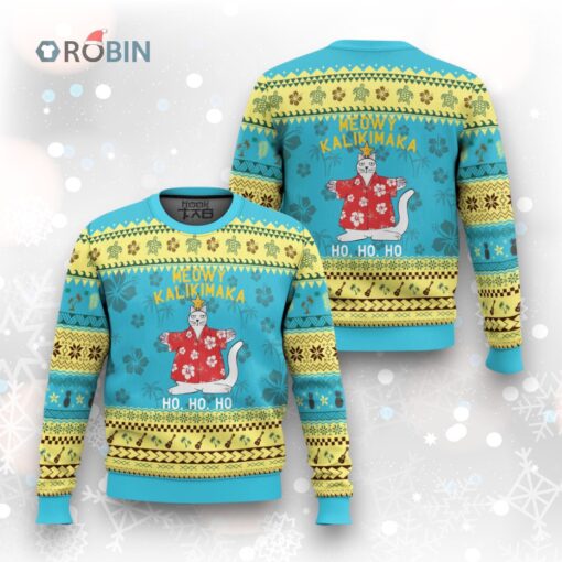 Hawaiian Xmas Cute Cat Ugly Christmas Sweater Meowy Kalikimaka Hawaiian Cat Ho Ho Ho Xmas Tree