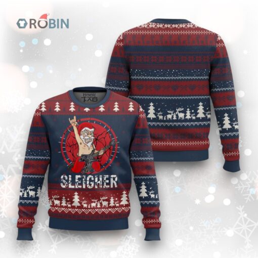 Heavy Mental Ugly Christmas Sweater Sleigher Santa Playing Guitar