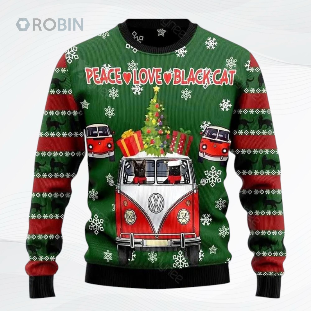 Hippie Black Cat All Over Printed Ugly Christmas Sweater Hippie Black Cat All Over Printed Ugly Christmas Sweater