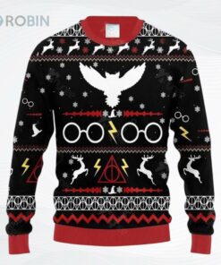 Hp Hp Owl The Deathly Hallows Symbol Black Red All Over Printed Ugly Christmas Sweater, Sweatshirt