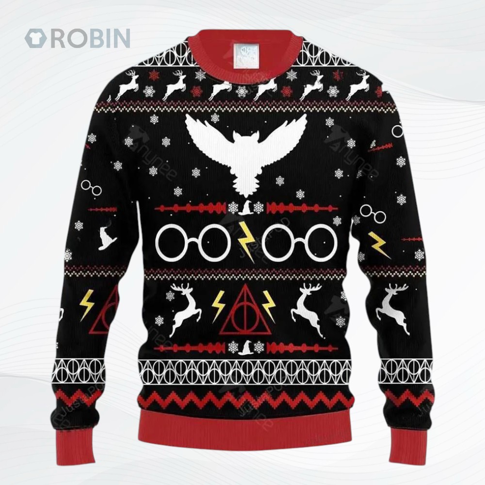 Hp Hp Owl The Deathly Hallows Symbol Black Red All Over Printed Ugly Christmas Sweater, Sweatshirt Hp Hp Owl The Deathly Hallows Symbol Black Red All Over Printed Ugly Christmas Sweater, Sweatshirt