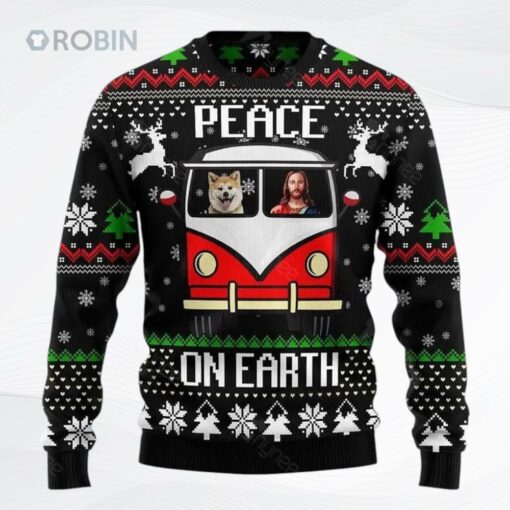 Jesus Christ Shiba Inu Peace On Earth All Over Printed Ugly Christmas Sweater