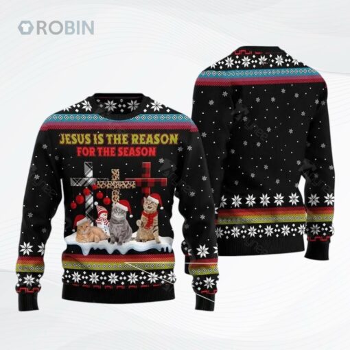 Jesus Is The Reason For The Season Cat Ugly Hristmas Sweater Cat All Over Printed Ugly Christmas Sweater