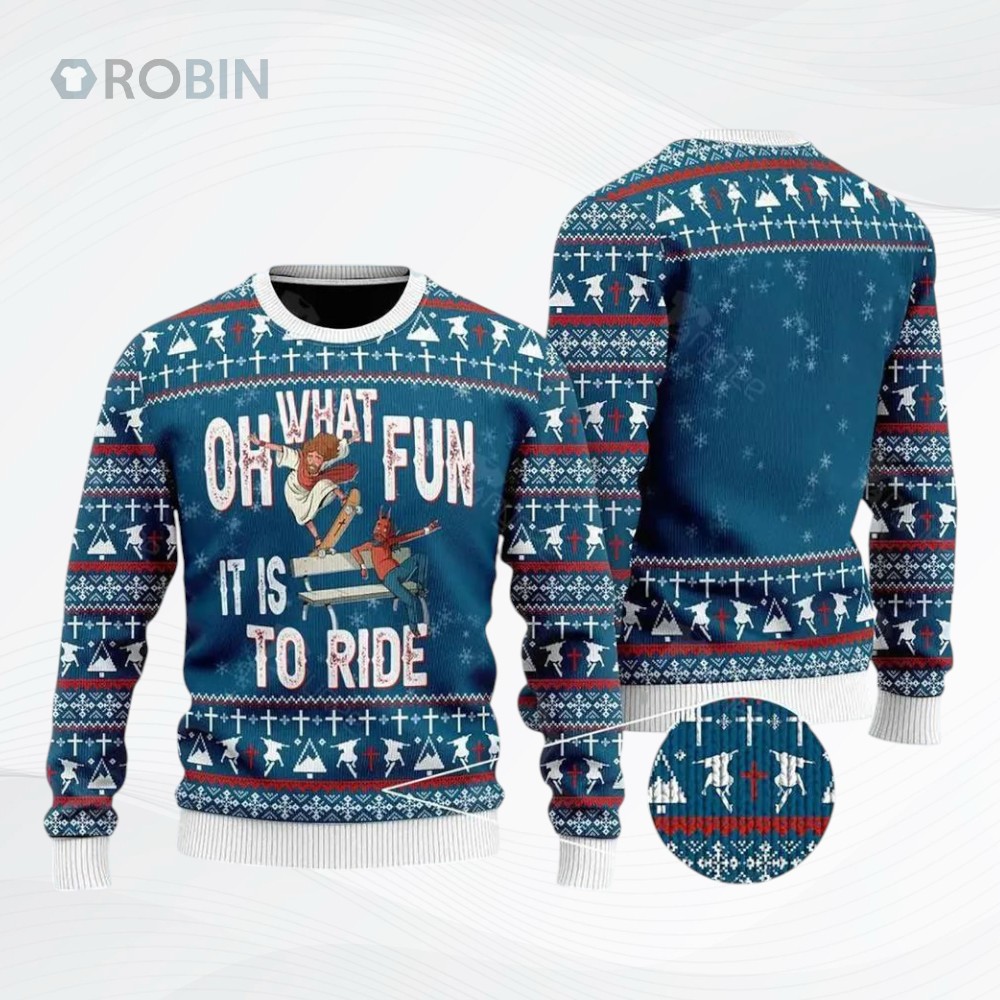 Jesus Ride Skateboarding With Satan Ugly Christmas Sweater Jesus Ride Skateboarding With Satan Ugly Christmas Sweater