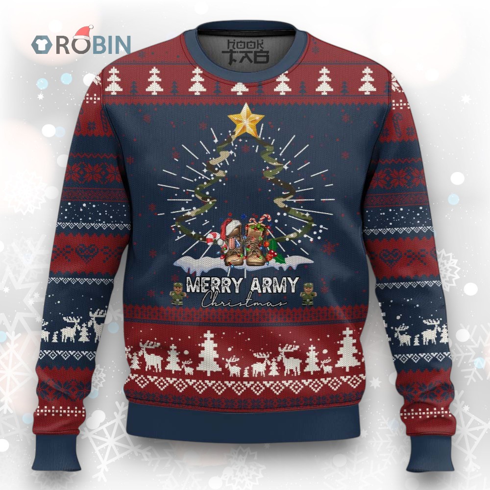 Merry Army Christmas Ugly Christmas Sweater Military Family Veteran Xmas Gift Camo Boots Merry Army Christmas Ugly Christmas Sweater Military Family Veteran Xmas Gift Camo Boots